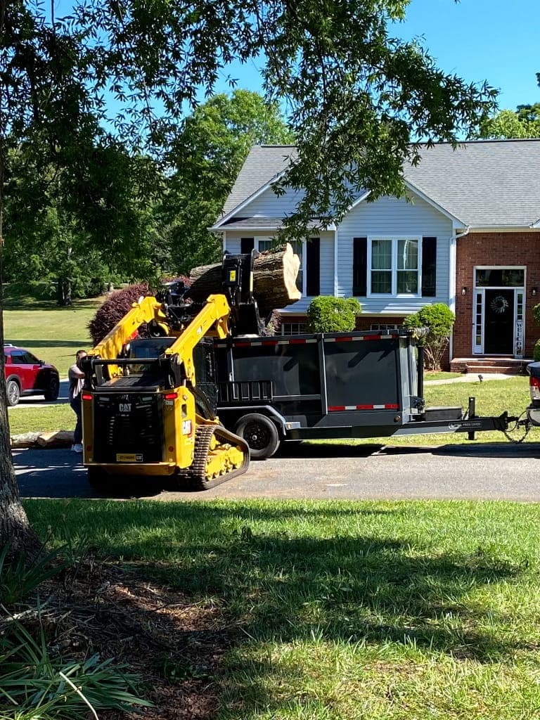 CAT skid steer loading large logs into a dump trailer at a home