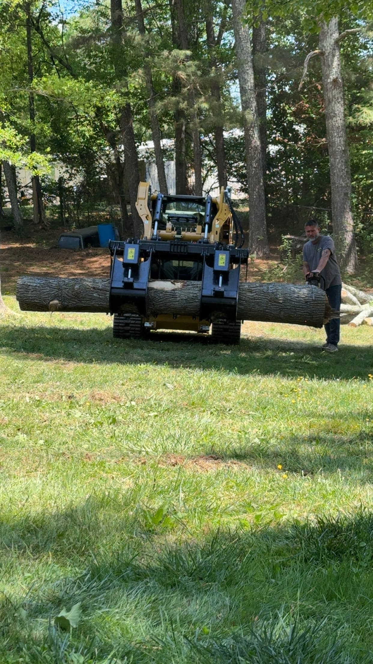 CAT skid steer with grapple carrying a large log across a yard